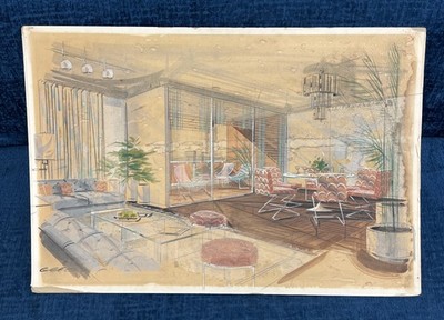 Architectural Rendering, Original Painting, Signed. 1960s, INTERIOR