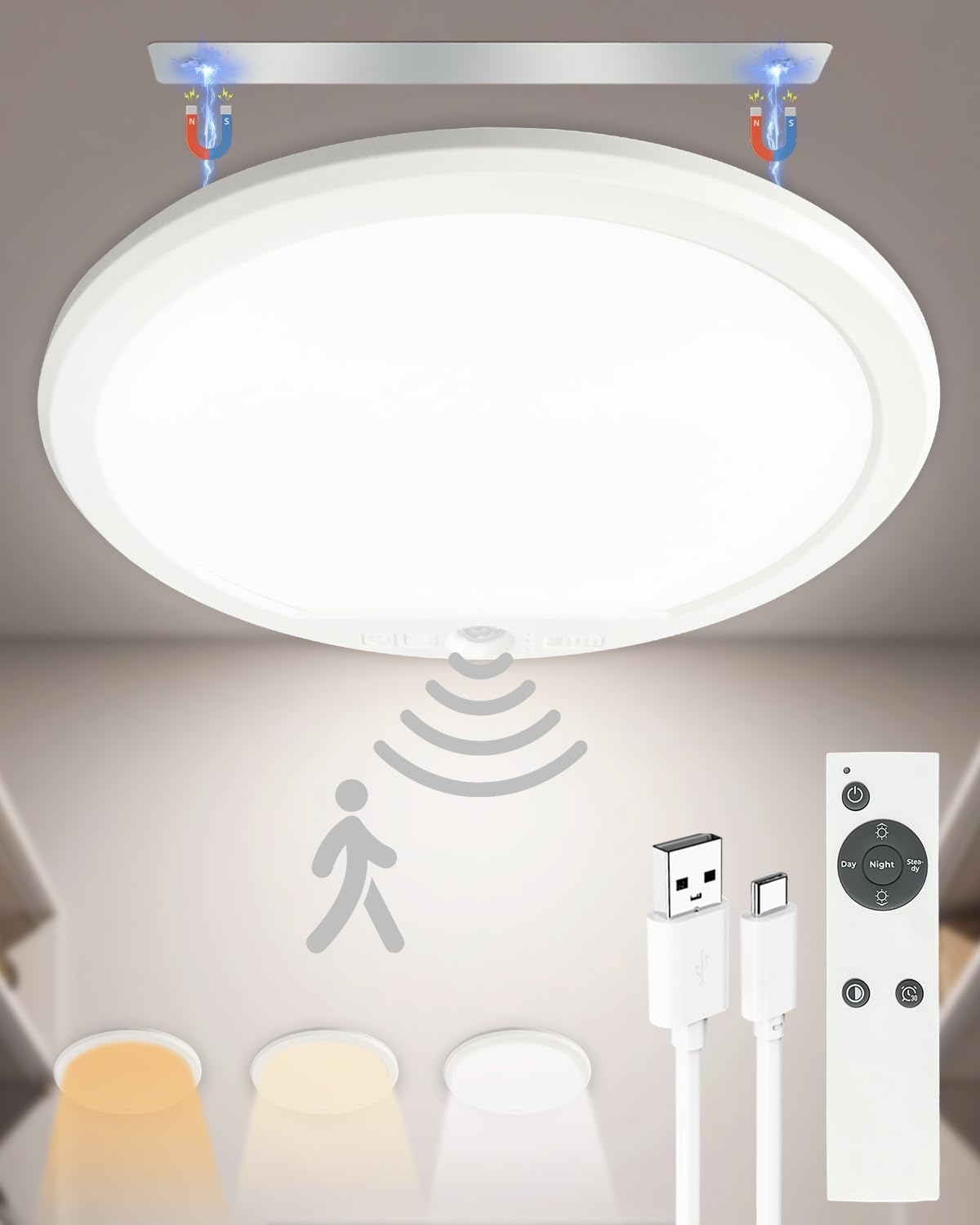 Rechargeable Motion Sensor Ceiling Light with Remote, 7500Mah Battery Operated W