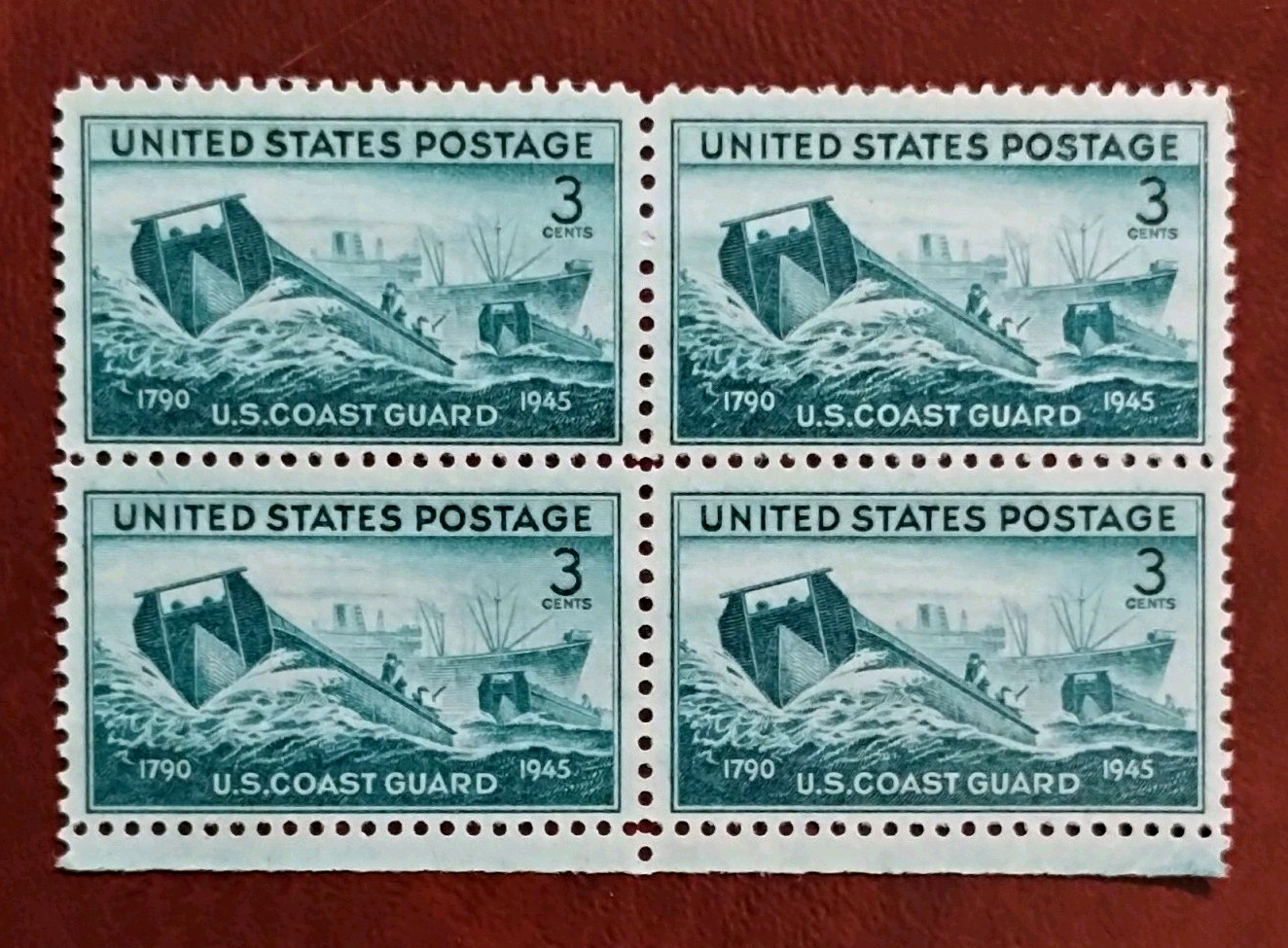 United States Coast Guard Military 3¢ Green Plate Block of 4 MNH 1945