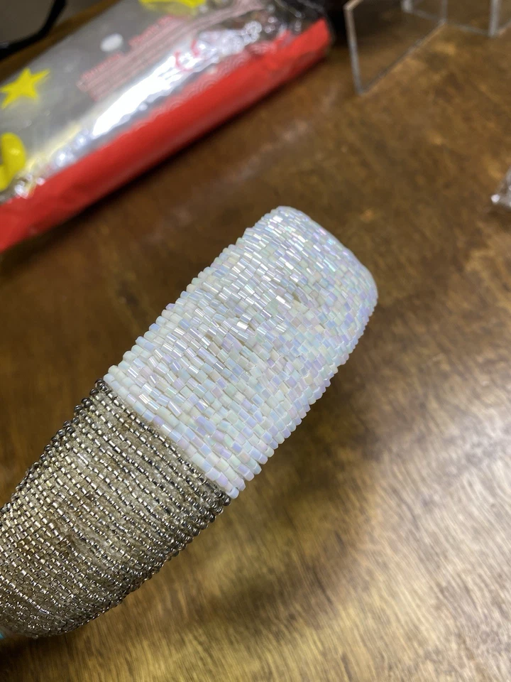 White Silver Beaded Headband Wide Seed Bead - Image 3 of 4