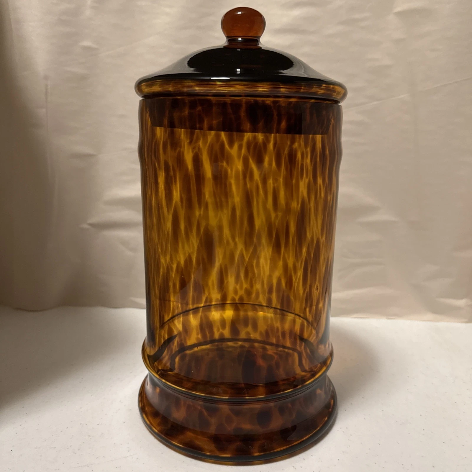 Large Brown Tortoise Shell Art Glass Apothecary Jar Canister with Lid 12”
Opens in a new window or t