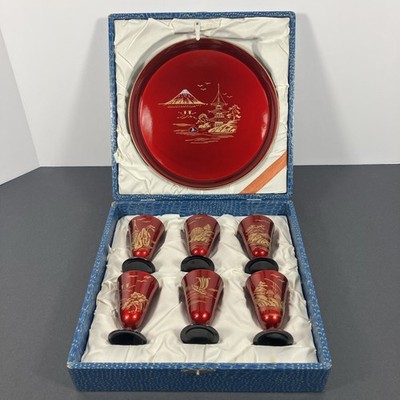 Vintage Japanese Lacquer Sake Set Red Black Gold Mt Fuji Tray 6 Cups w Box MCM