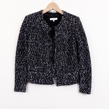 IRO Black White Boucle Tweed Fringe Open Front Jacket XS US 2 FR34
