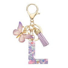 Alphabet Initial Letter l Keychain, Cute Tassel Butterfly Key Chain, Purple