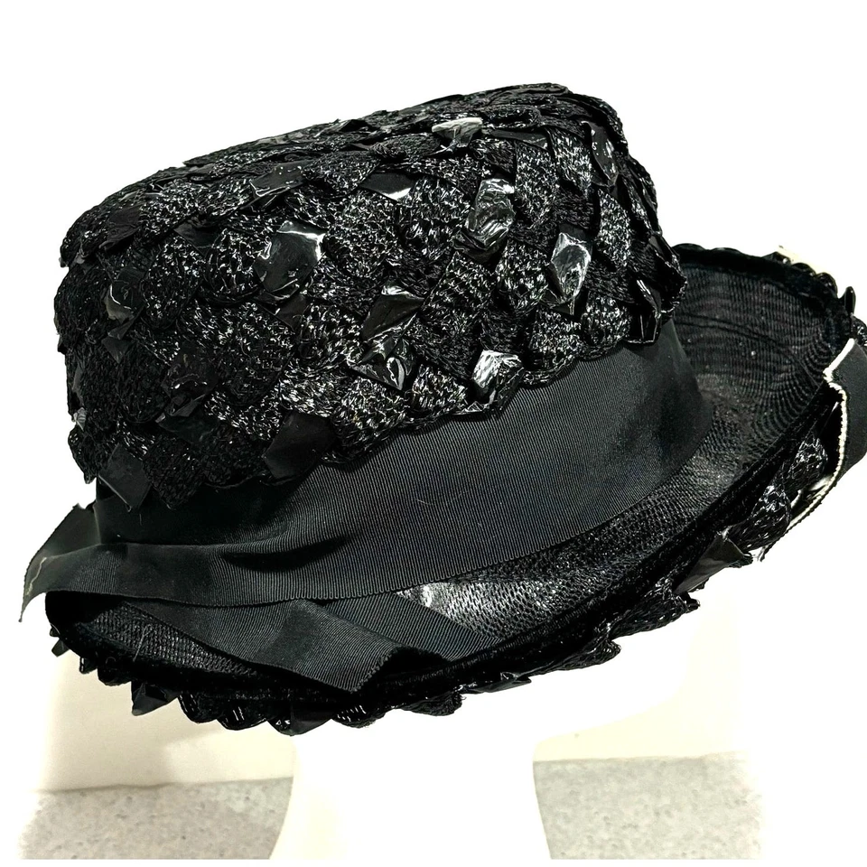 Damas Negro Paja Fedora Sombrero Tejido Blanco Banda Borde Arco Elegante Mediados de Siglo Foto 2 de 4