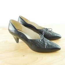 Vintage Black Woven Leather Loafer Heels Point Toe Granny Victorian Witchy 8 1/2