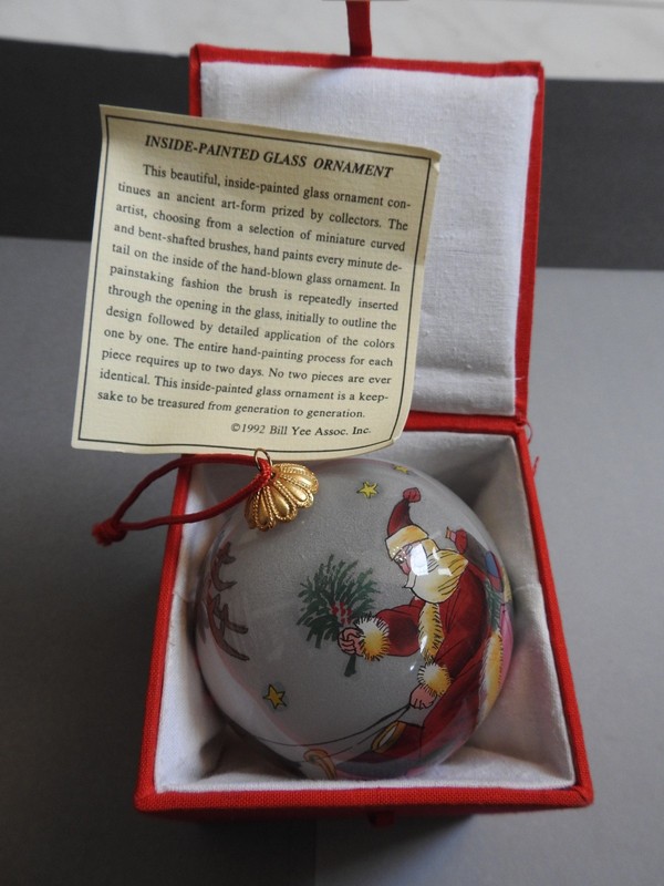 vintage 1992 REVERSE PAINTED CHRISTMAS ORNAMENT SANTA WITH SLEIGH  Bill Yee