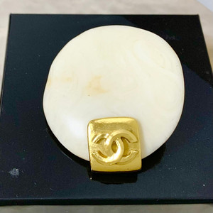 Authentic CHANEL Brooch Gold Plated CC Logo White Stone Stamped 1990's Vintage W/Box