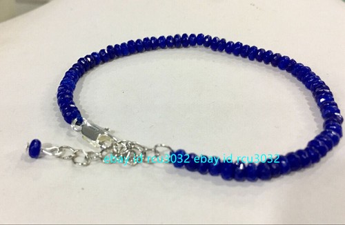 Faceted 2x4mm Blue Jade Roundel Gemstone 925 Silver Clasp Bracelet 7.5" - Picture 11 of 12