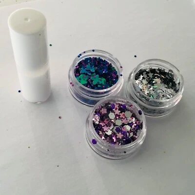 FESTIVAL FACE/BODY KIT 5ml GLUE 3 x 5g CHUNKY GLITTER BUTTERFLY MOON STAR FLOWER