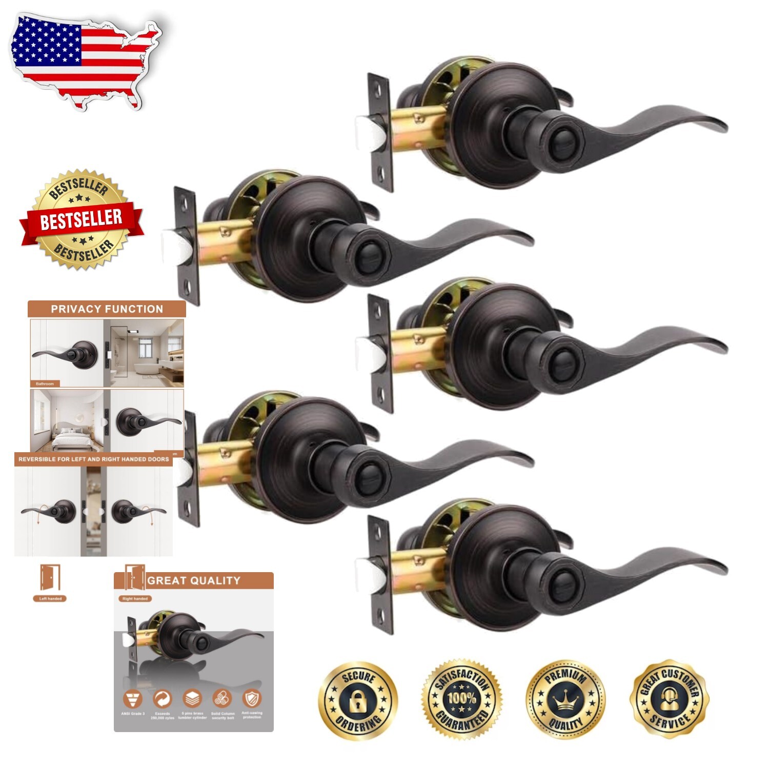 5-Pack Keyless Reversible Square Privacy Door Locks in Oil Rubbed Bronze-image