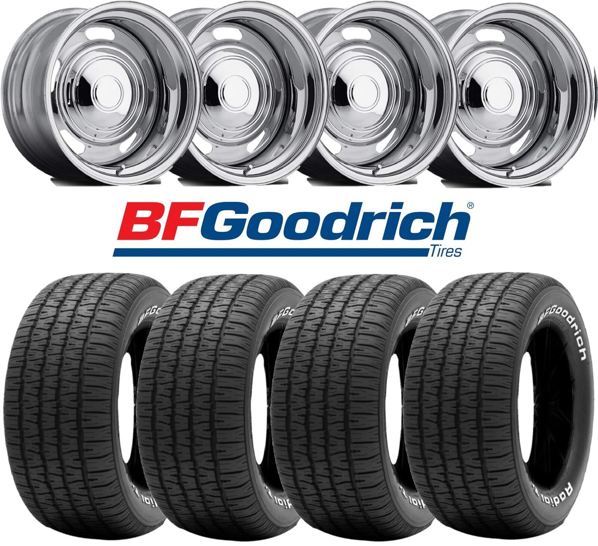 15x8 CHROME RALLY MOON WHEELS RIMS TIRES 255 60 15 BFGOODRICH