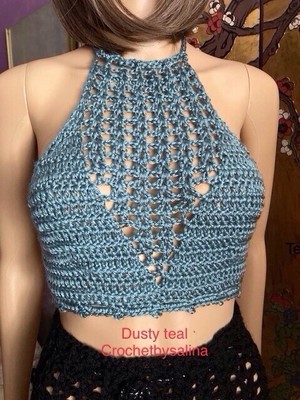 halter top 34  Festival Boho  Crochet Shiny Dusty Teal Crochetbysalina #iswlook