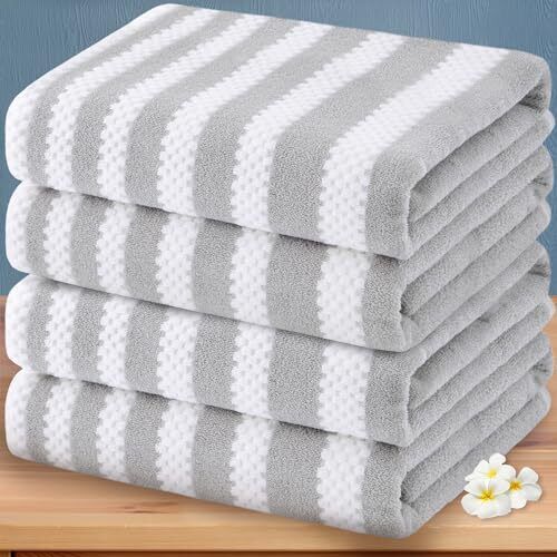 Waffle Bath Towels, 4PC 28" x 52" - 100% 4PC Bath Towel Set Grey + White Stripe - Picture 2 of 6