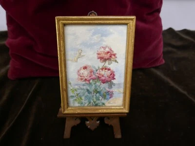 bouquet de roses par Rivoire 1842-1919,aquarelle miniature au Cupidon,10,5x14cm - Photo 1/4