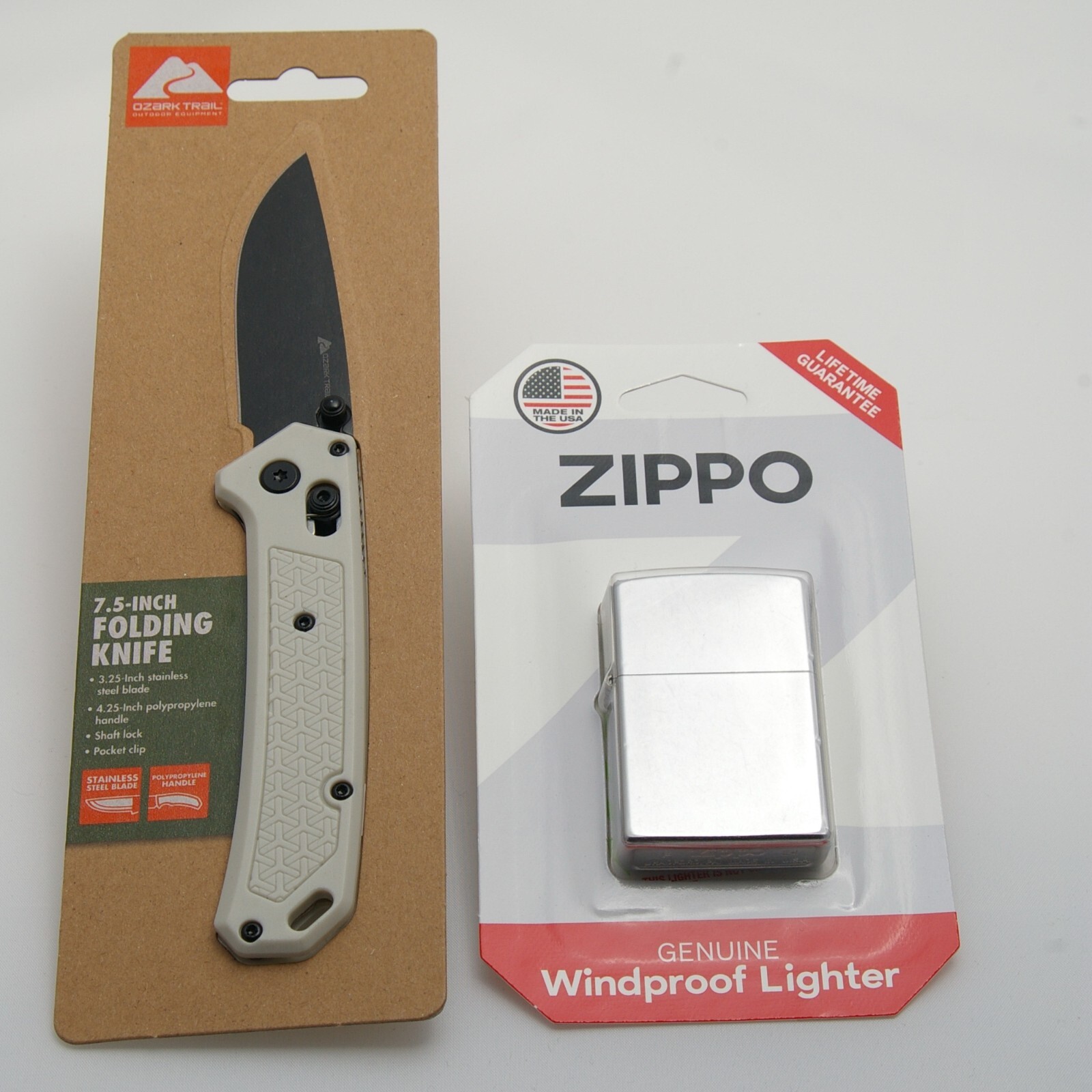 Ozark Trail Walmart 7.5 Silver White Folding Knife & Zippo Chrome Lighter New