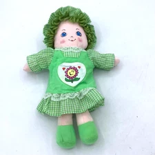 Cuddle Wit Cloth Rag Doll Green Yarn Hair Gingham Dress Flower 9" Vintage Plush