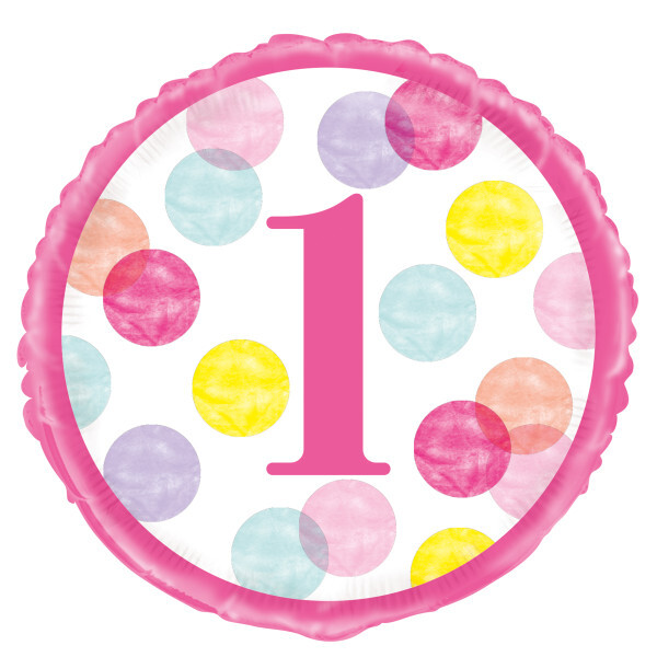 Pink Dots 1st Birthday Round Foil Balloon 18"" - Girl First Birthday Party