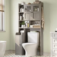 Over The Toilet Organizer, Bathroom Storage Cabinet with Glass Doors (Grey)