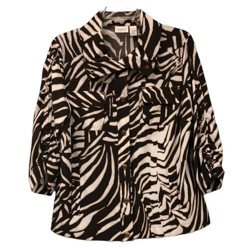 ZYNERGY by CHICO'S (1) brown Zebra Print Windbreaker Cinch Collar sleeves size - Picture 10 of 13