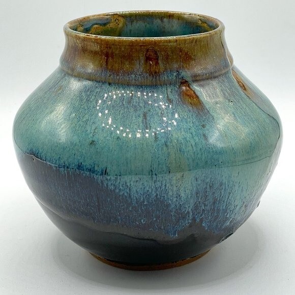 Joel Edwards RARE Vintage Studio Handmade Blue Glaze Art Pottery Round Vase 6"H