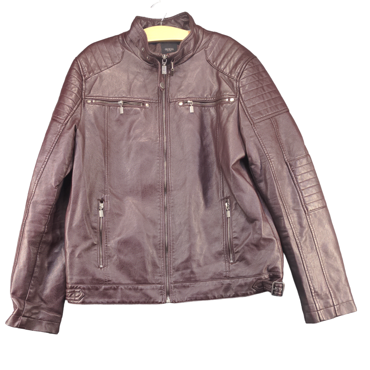 GUESS Women's Vegan Leather Jacket Burgundy Red XL Long Sleeve