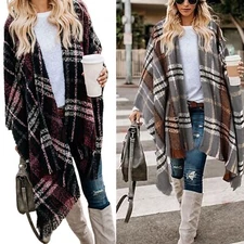 Women's Boho Open Front Poncho Knitted Plaid Shawl Wrap Cape Tassel Cardigan Swe