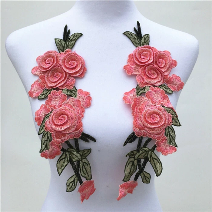1 Pair Rose Flower Embroidery Sew On Patch Cloth Floral Collar Garment Applique - Image 2 of 2
