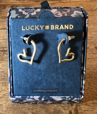Lucky Brand Gold Tone Heart Hanging Earrings Hypoallergenic New