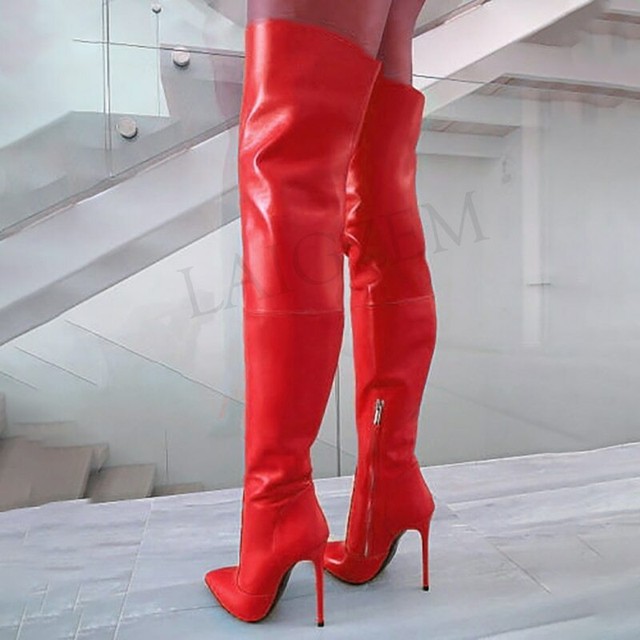 red faux leather thigh high boots