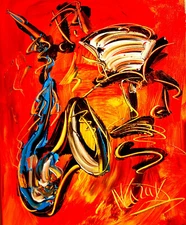 SAXOPHONE    IMPRESSIONIST LARGE ORIGINAL OIL  PAINTING - POP ART TWERH