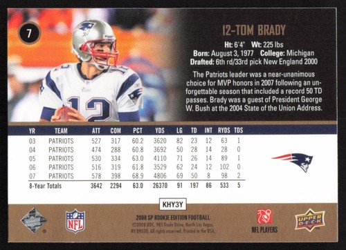 2008 SP Rookie Edition #7 Tom Brady New England Patriots - Picture 2 of 2