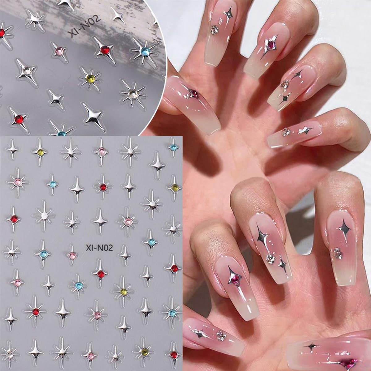 6 Sheets 3D Star Nail Stickers White Black Silver Gold Self Adhesive Nail Decals
