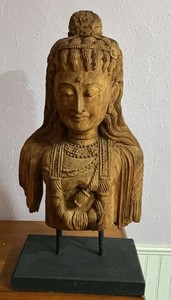 HUGE Hand Carved Teakwood Khmer Goddess Sculpture on Stand  32”