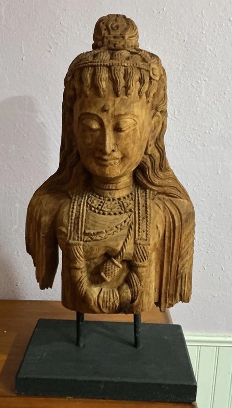 HUGE Hand Carved Teakwood Khmer Goddess Sculpture on Stand  32”