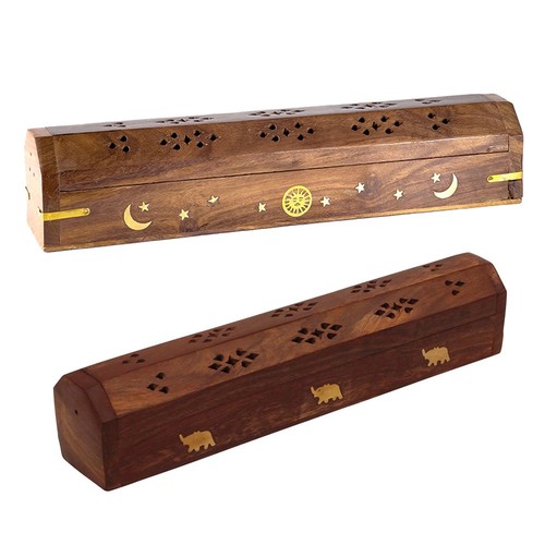 1 Pc Wooden Incense Burner Box Coffin Hinged Style Burning Sticks Cones 12 inch - Picture 1 of 1
