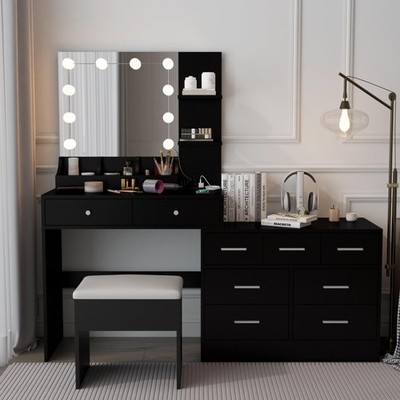 Vanity Table Dresser w/ Light Mirror Charging 10 LED Stool Drawers Shelves Black
