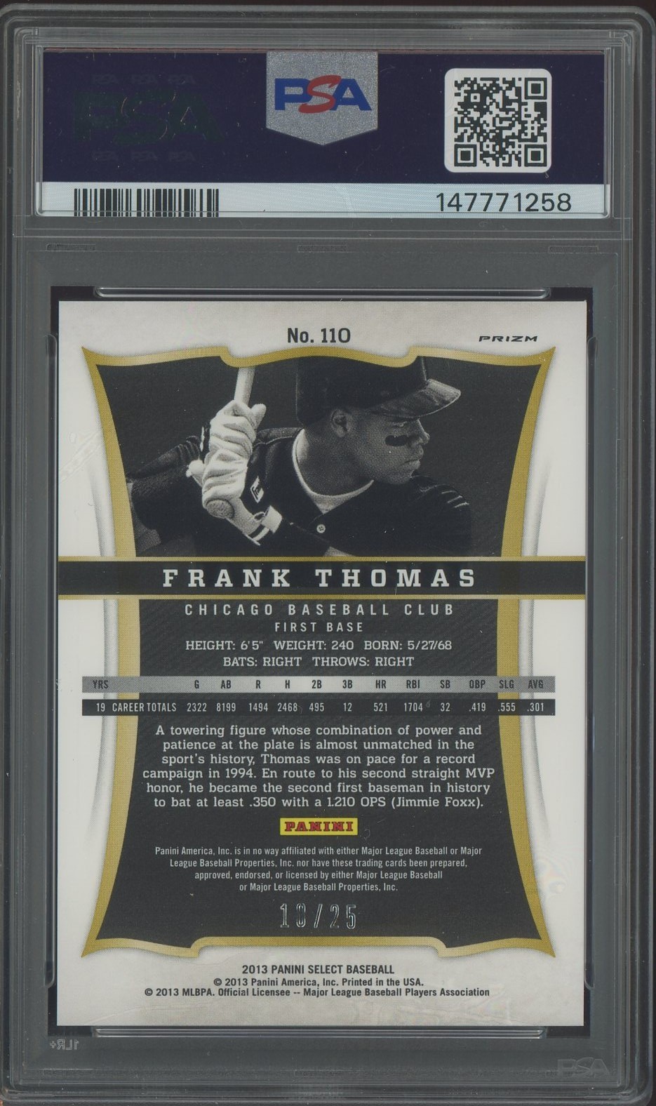 2013 Select Gold Prizm #110 Frank Thomas White Sox HOF 10/25 PSA 10 GEM MINT view 2