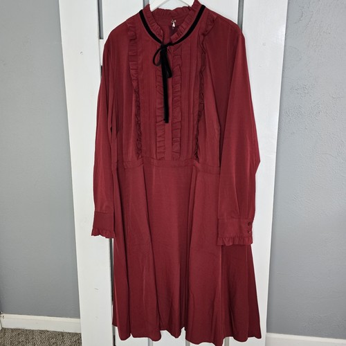 Eloquii Rüschen Stehkragen Langarm Midi Rot Kleid Gr. 26 Steampunk Viktorianisch