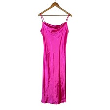 Bebe Hot Pink Satin Cowl Neck Slip Midi Dress Sleeveless Small Made in USA