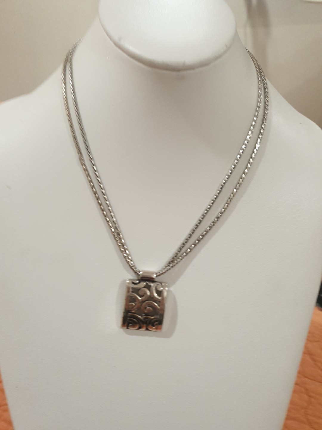 Brighton Deco Lace Silver Tone Scroll Pendant Necklace Double Chain Modern
