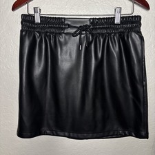 Tinseltown Black Faux Leather Mini Skirt with Drawstring Waist Pockets, Size L