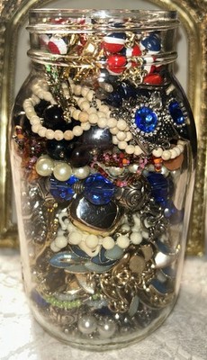 Large curated Mystery Jewelry Jar 7  All Wearable Vintage Modern Gold Silver