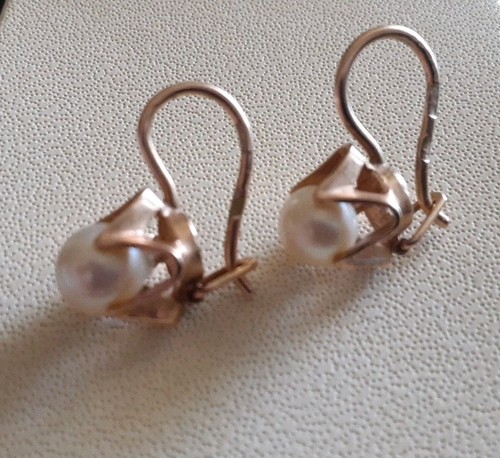 Vintage Original Soviet Rose Gold 583 14k Earrings with Cultured Pearl 3.33 g. - Picture 10 of 12