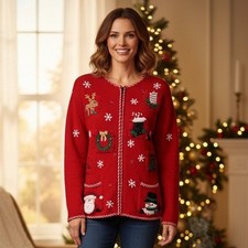Women's Croft  Barrow Size XL Zip Up Christmas Sweater Red Santa Claus Snowman