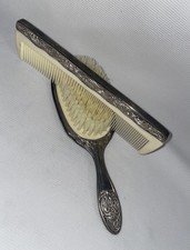 Vintage Ornate Hair Brush  Comb Set Silver Plated Vanity Set Floral