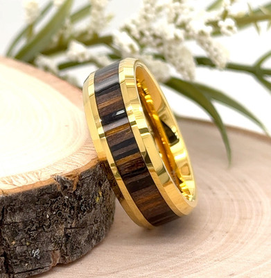 Wood Inlay Stepped Edges Band 8MM Yellow Gold Tungsten Unisex Christmas Gif Ring