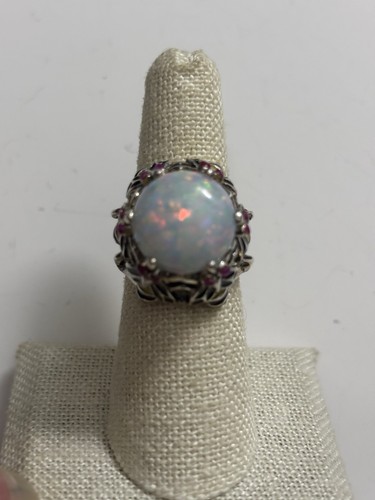 Anello in argento sterling opale plique a jour rubino ape misura 7 - Foto 2 di 8