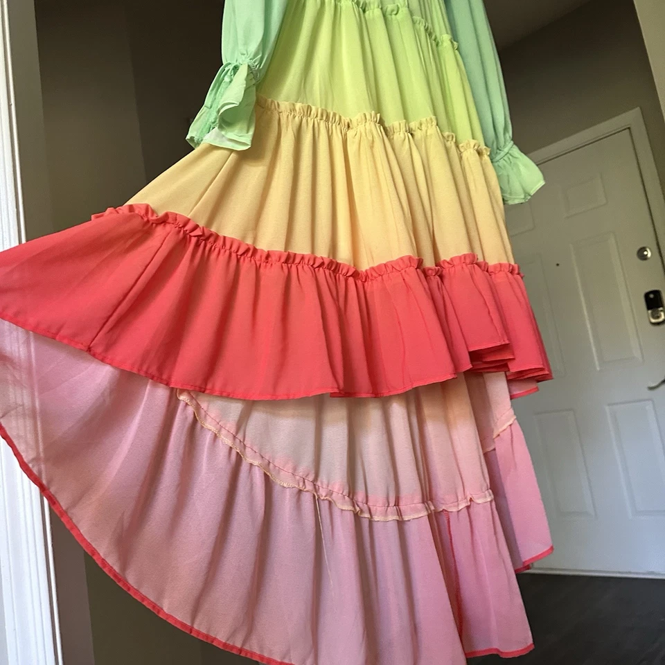 Champagne & Strawberry Tiered High Low Maxi Dress Womens Medium Blue Green Pink - Image 3 of 4