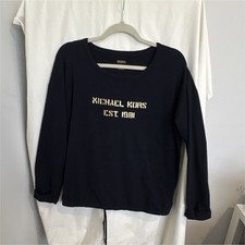 Michael Kors Women's Black Logo Knit Sweatshirt Drawstring Crew Neck L